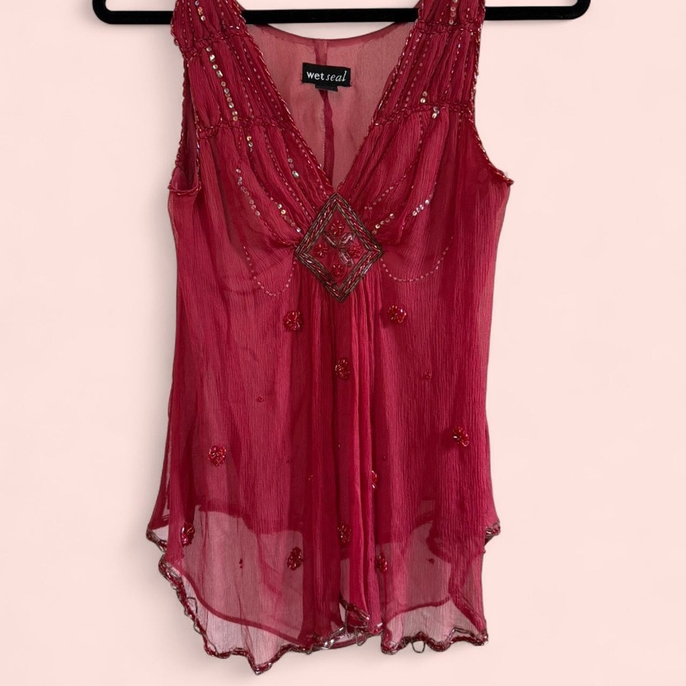Y2K Wet Seal Wine Red Silk Beaded Top